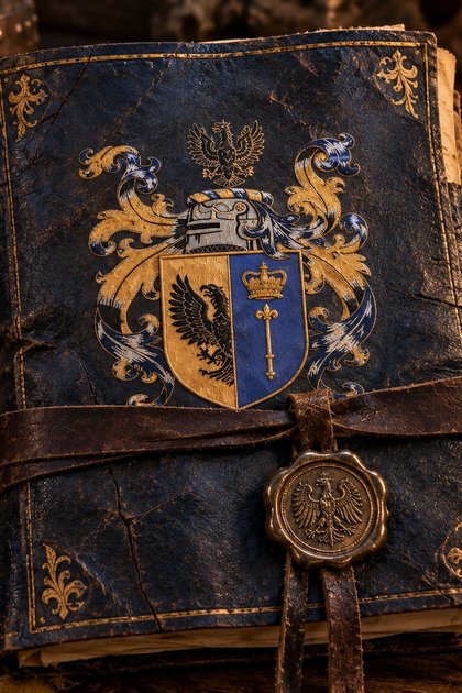 The book of Marcus von Eckwersheim: a blue leather binding tooled in gold with the Marx arms — a black eagle and a crowned gold cross on blue — bound with a strap and a wax seal.