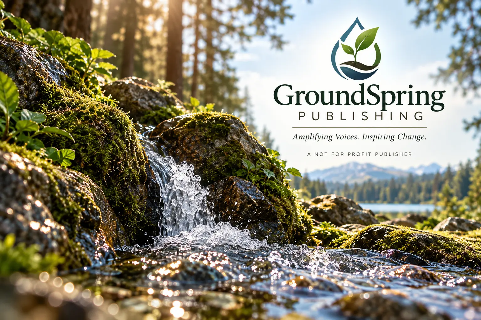A spring rising through moss and rock into a clear stream in a sunlit forest, with the GroundSpring Publishing wordmark and the line: Amplifying Voices. Inspiring Change. A not for profit publisher.